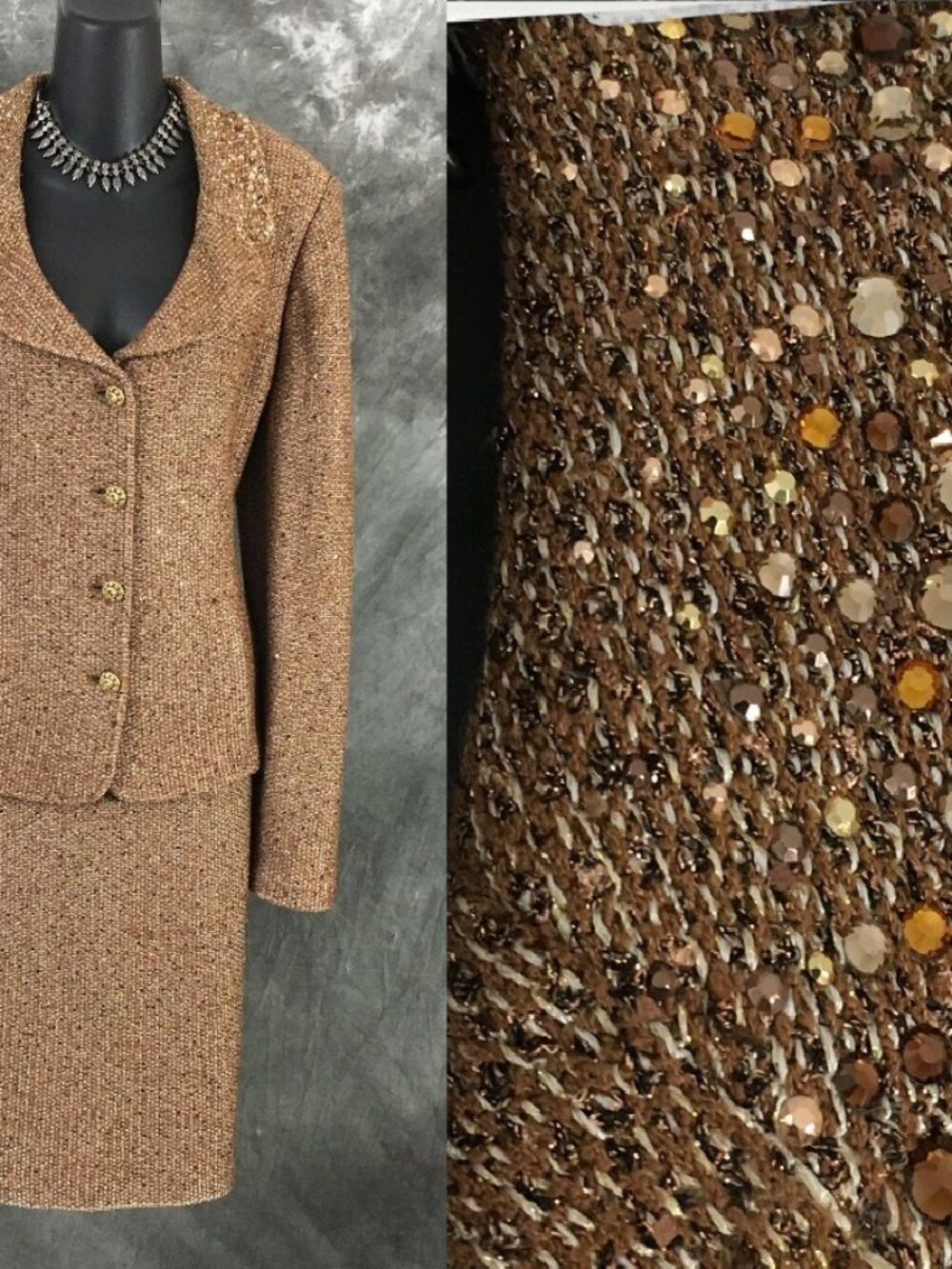 BEAUTIFUL St John evening knit brown tan multi embellished skirt suit size 12